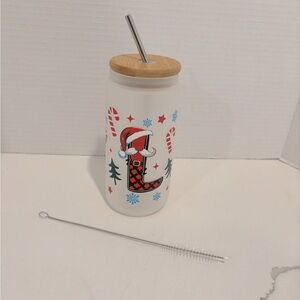 Glass holiday tumbler with the letter L frosted glass  metal straw and brush NEW